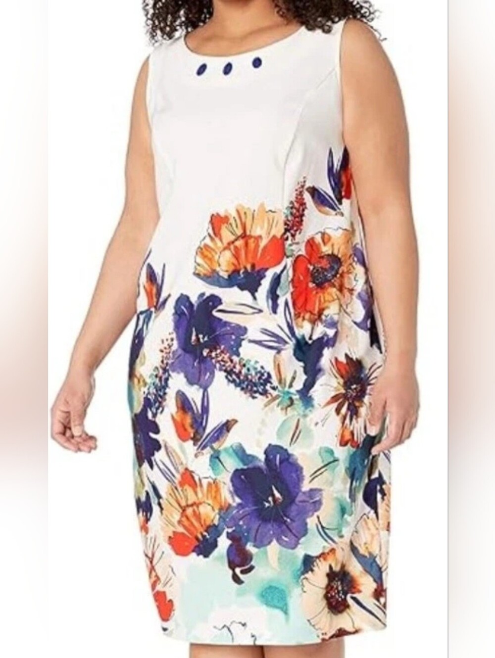 Plus Size White Midi Dress with Vibrant Floral Print